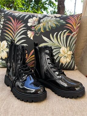 Girls Black Glitter Combat Boots Size 4